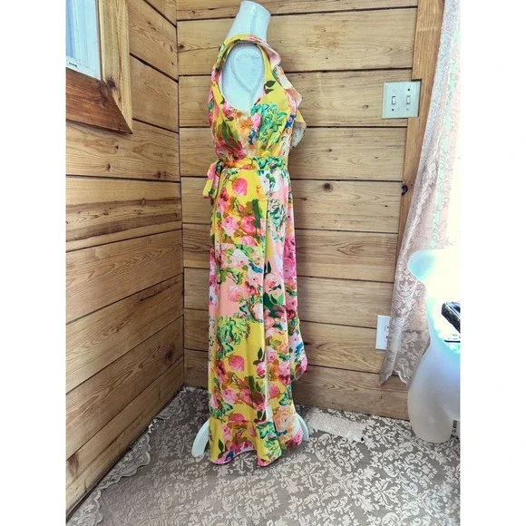 Cleo Yellow Floral Ruffle Hem Maxi Dress Sleeveless Tie Waist XS - Picture 6 of 12